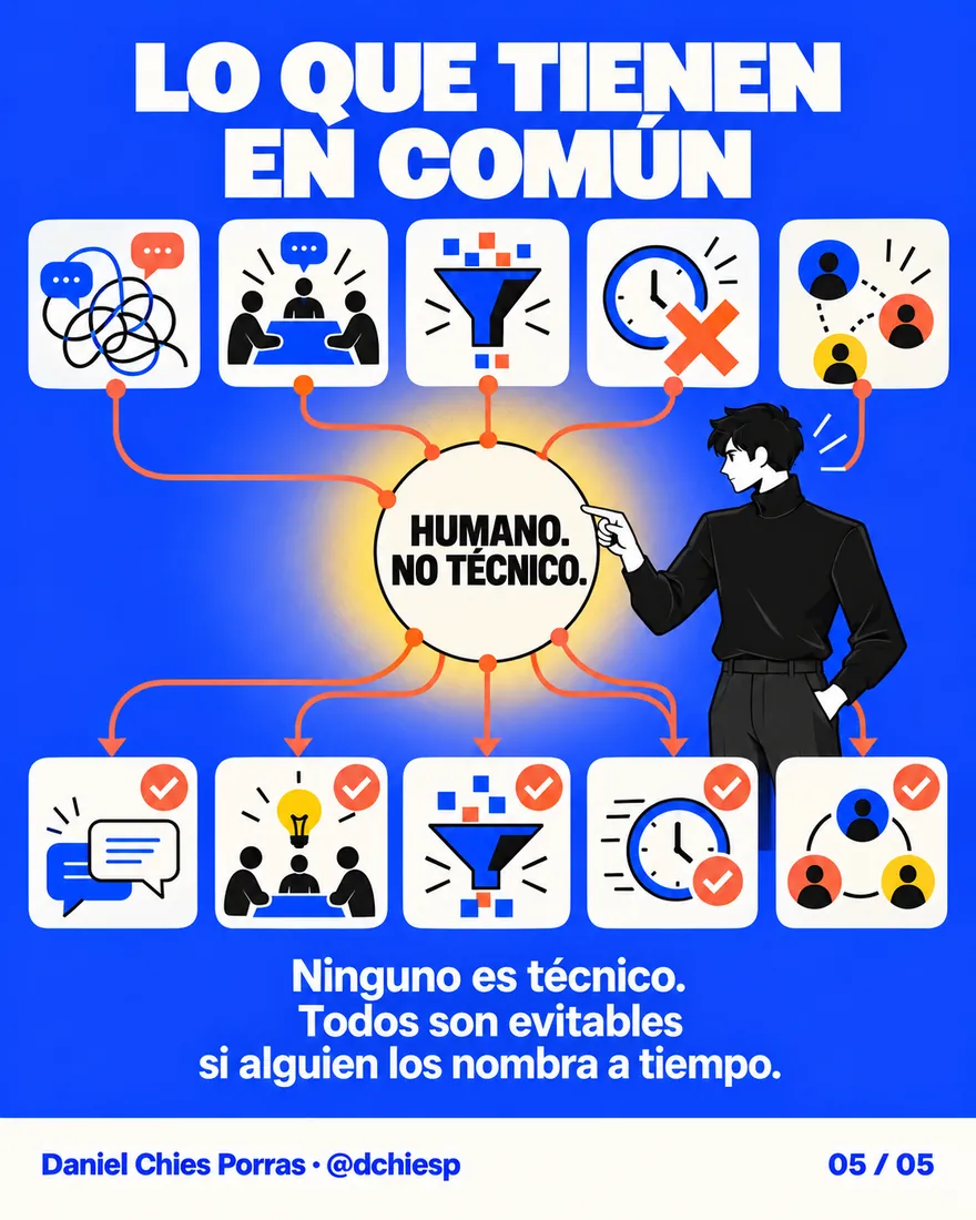 Lo que tienen en común: humano, no técnico. Todos son evitables si alguien los nombra a tiempo.