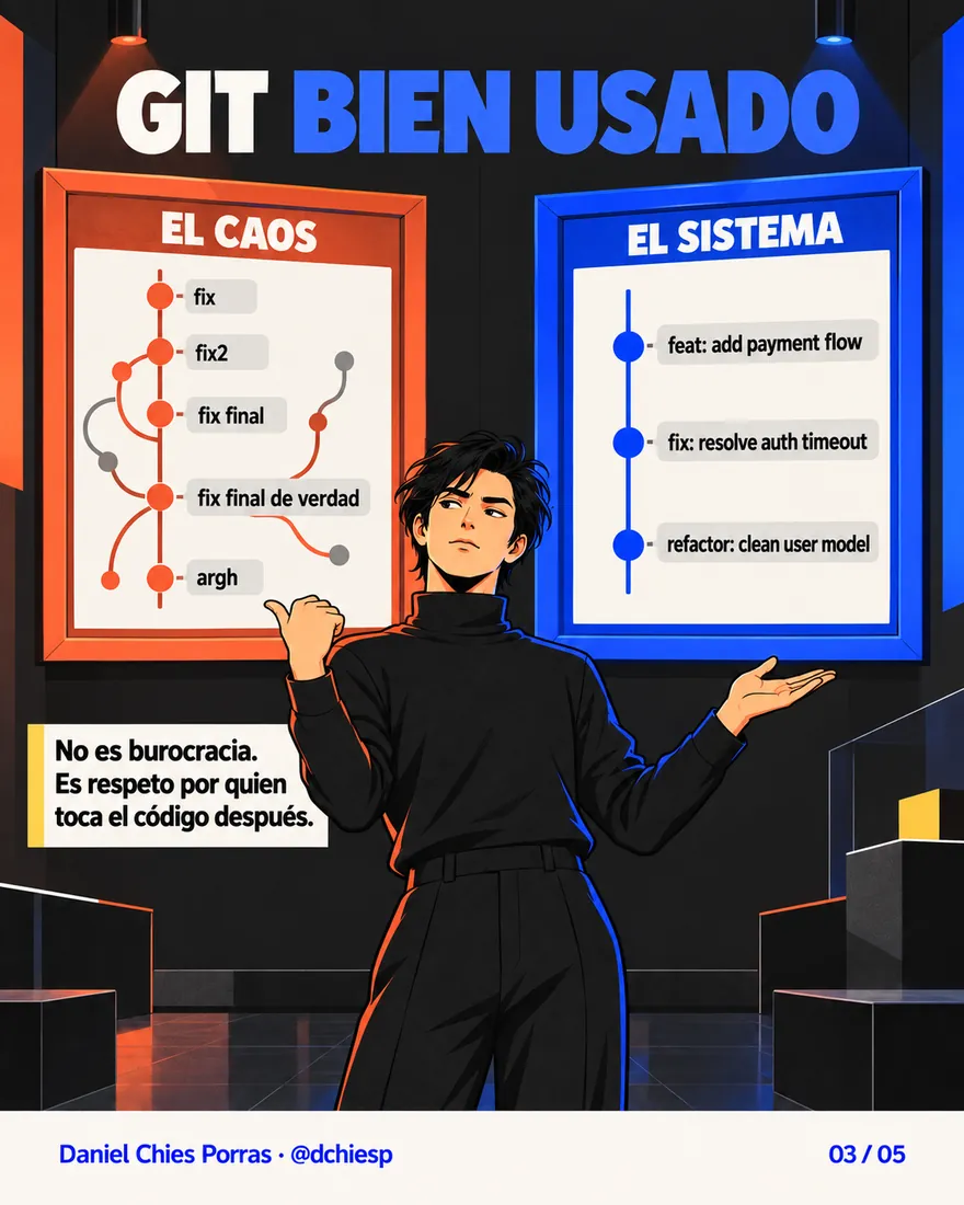 Git bien usado: del caos de commits fix, fix2 y fix final a un historial feat, fix y refactor.